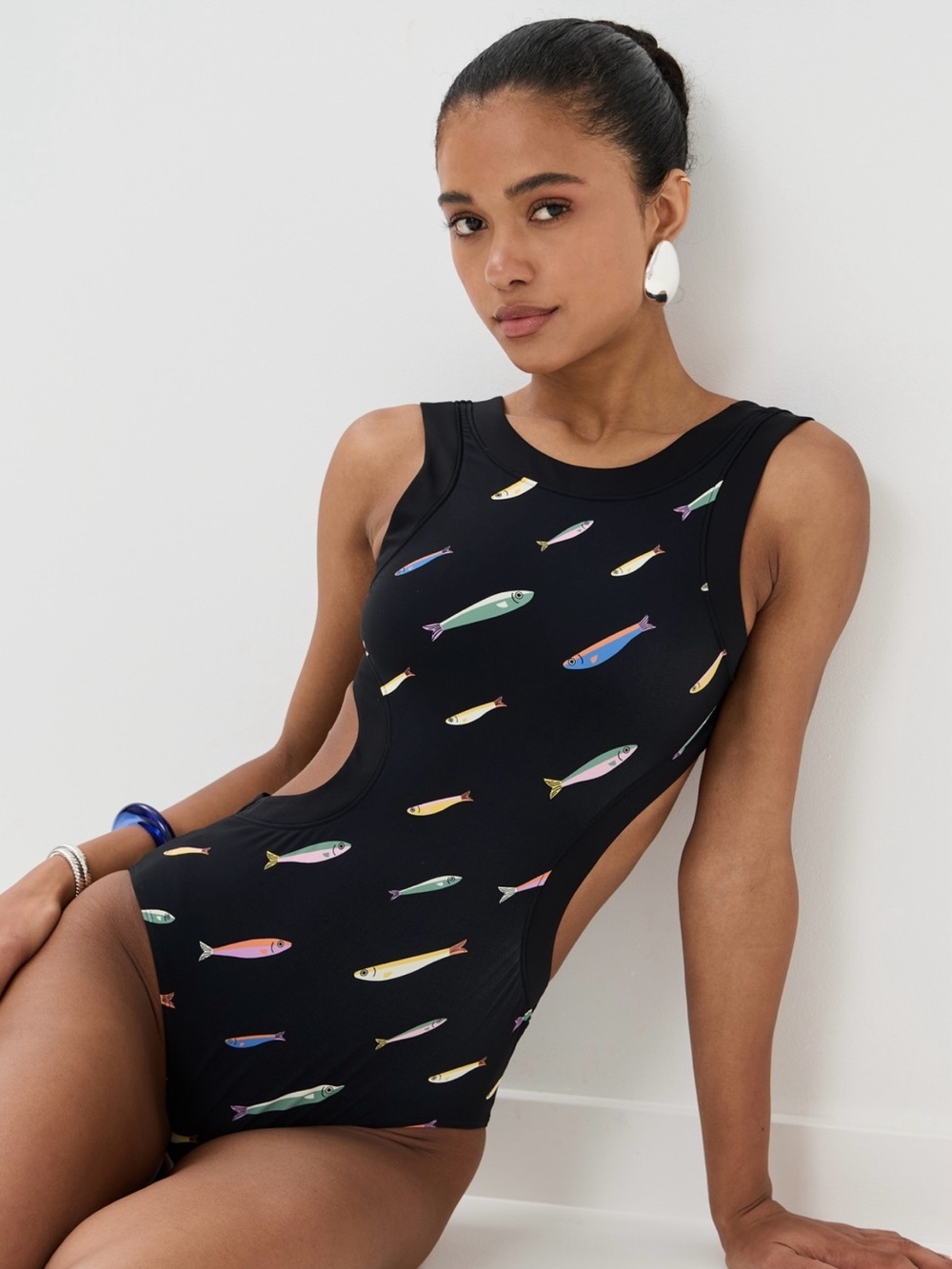 STAUD Black One-Piece Swimsuit with Multicolor Fish Print